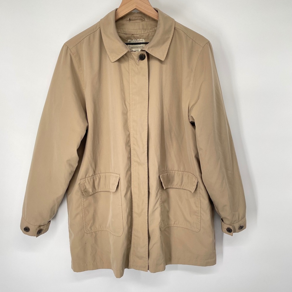 VTG LL Bean Women Petite Large Tan Khaki Field Jacket Barn‎ Coat Quilted Lined